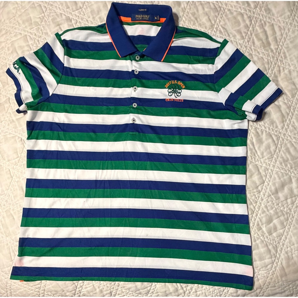 Polo Golf Ralph Lauren Shirt Womens XL Green Blue Striped 2017 US Open Golf